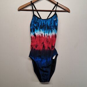 TYR Swimsuit One Piece Womens Medium 32 Tie Dye Red  Blue Training Competitive
